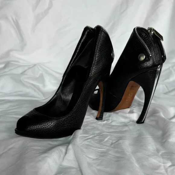 ALEXANDER MCQUEEN Faithful black leather zip biker peeptoe bootie EU37 - Picture 2 of 5